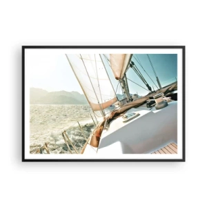 Affiche dans un cadre noir - Poster - Un yacht en pleine mer avec vue sur les montagnes - 100x70cm - Toutes voiles dehors - Décoration murale moderne pour le salon et la chambre ARTTOR