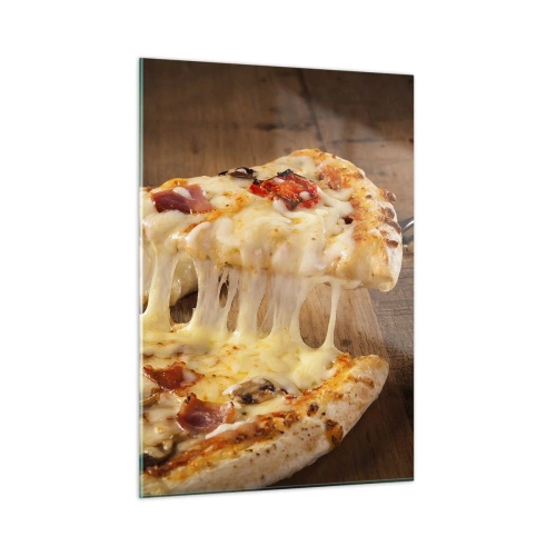 Impression sur verre - Image sur verre - Pizza au fromage filandreux, tomates et jambon sur fond de bois - 50x70cm - Un chef-d'œuvre de l'art italien - Décoration murale moderne pour le salon et la chambre ARTTOR