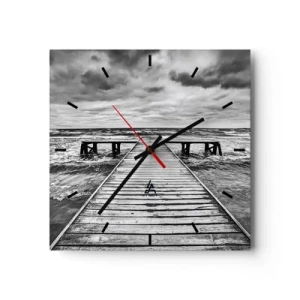 Horloge murale - Pendule murale - Une vue en noir et blanc d'une jetée en bois sur une mer agitée. - 30x30cm - J'attends que le vent, ça le chassera... - Décoration murale moderne pour le salon et la chambre ARTTOR