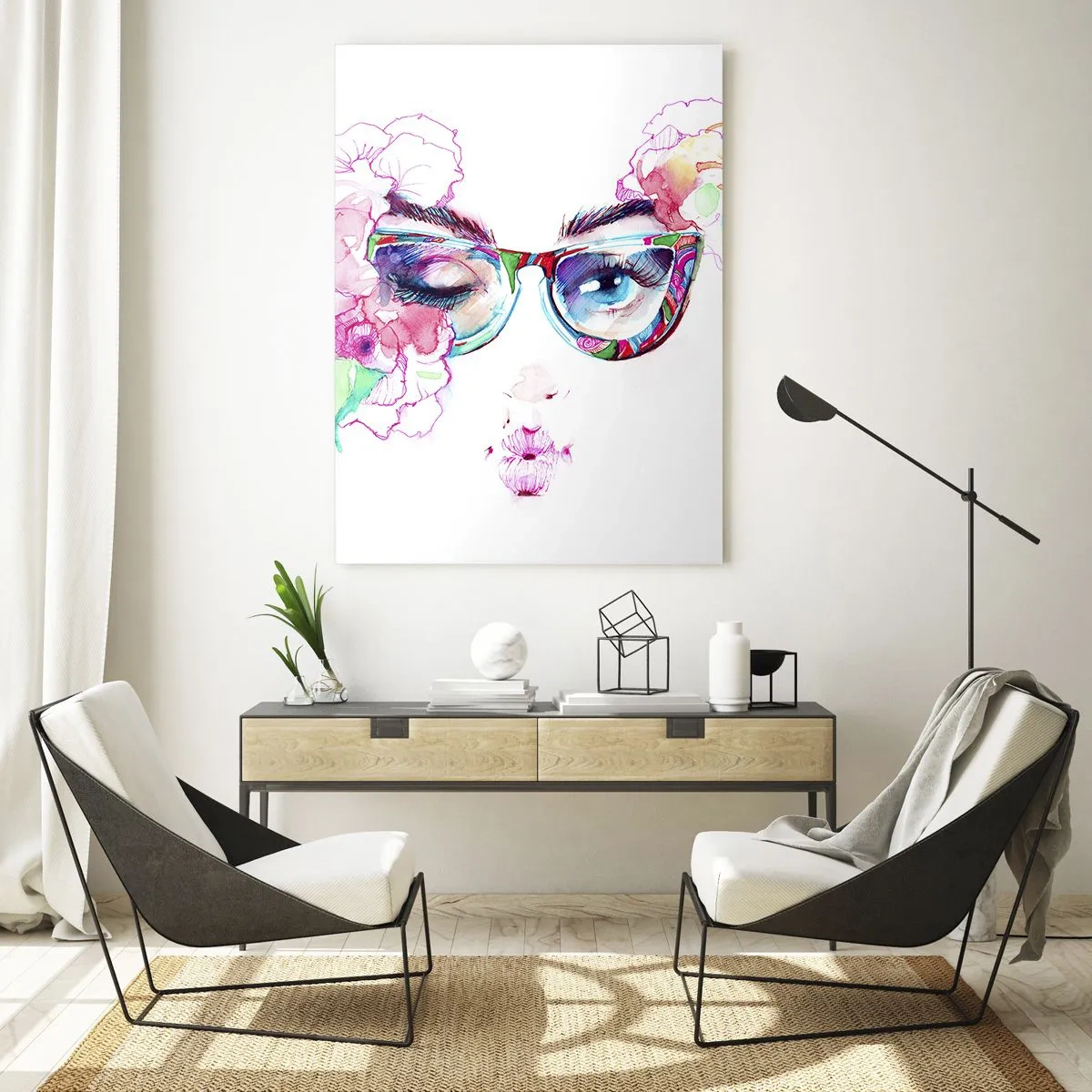 Impression sur verre - Image sur verre - Yeux de femmes avec des fleurs et des lunettes colorées dans un style aquarelle - 50x70cm - Une promesse tentante - Décoration murale moderne pour le salon et la chambre ARTTOR