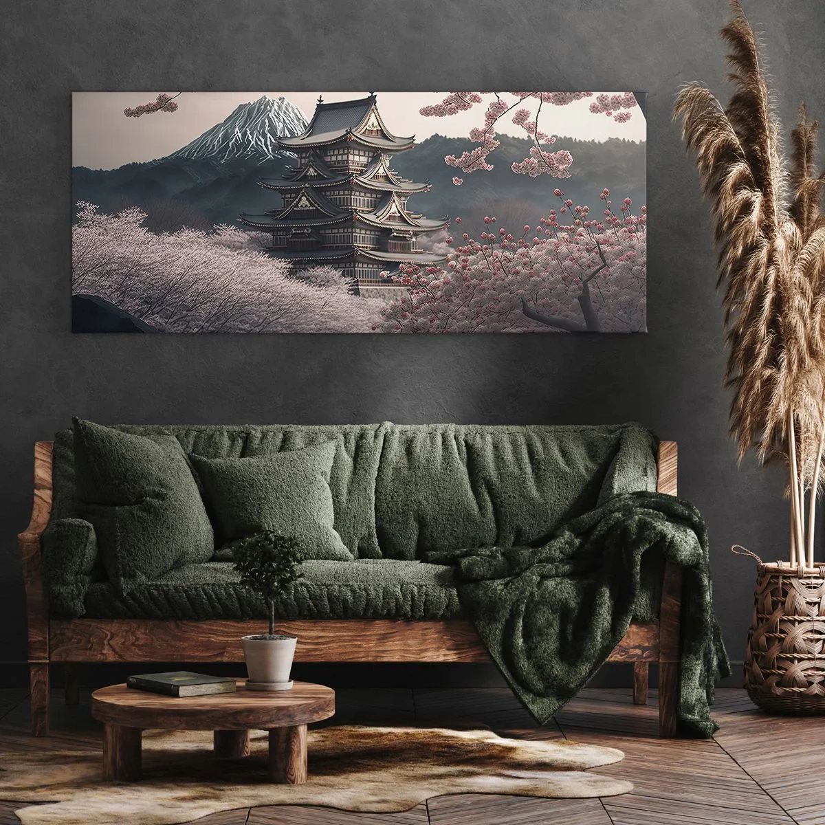 Impression sur toile - Image sur toile - Un temple japonais entouré de cerisiers en fleurs et de montagnes - 160x50cm - Le pays des cerisiers en fleurs - Décoration murale moderne pour le salon et la chambre ARTTOR
