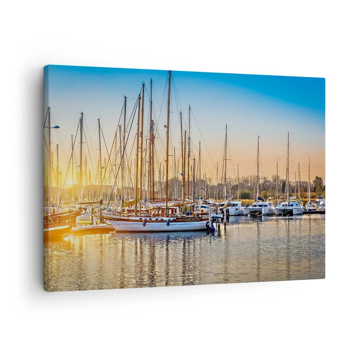 Impression sur toile - Image sur toile - Coucher de soleil sur une marina pleine de voiliers - 70x50cm - Le vent aussi doit dormir - Décoration murale moderne pour le salon et la chambre ARTTOR