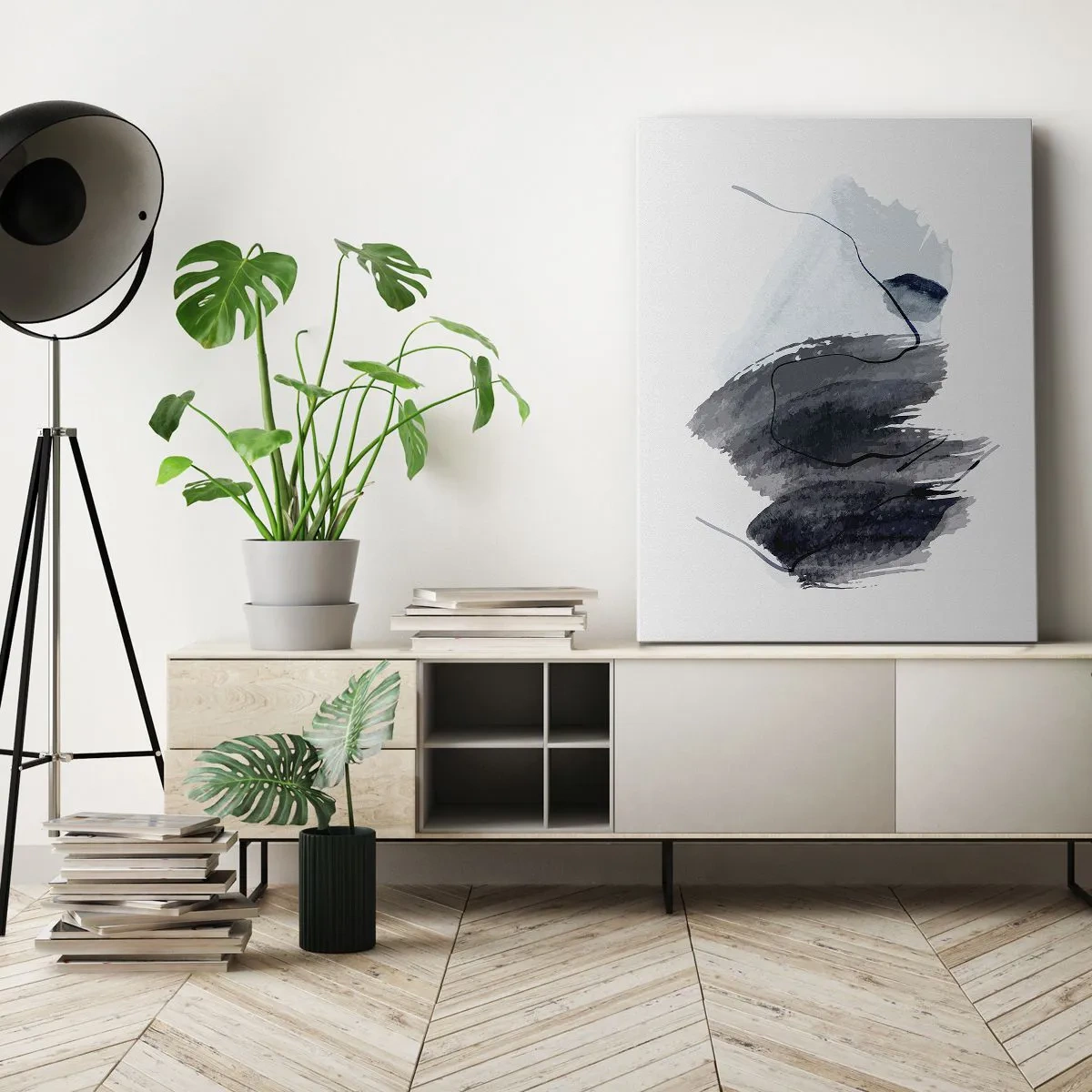 Impression sur toile - Image sur toile - Composition abstraite dans les tons de gris et de bleu - 50x70cm - Intensité et mouvement - Décoration murale moderne pour le salon et la chambre ARTTOR