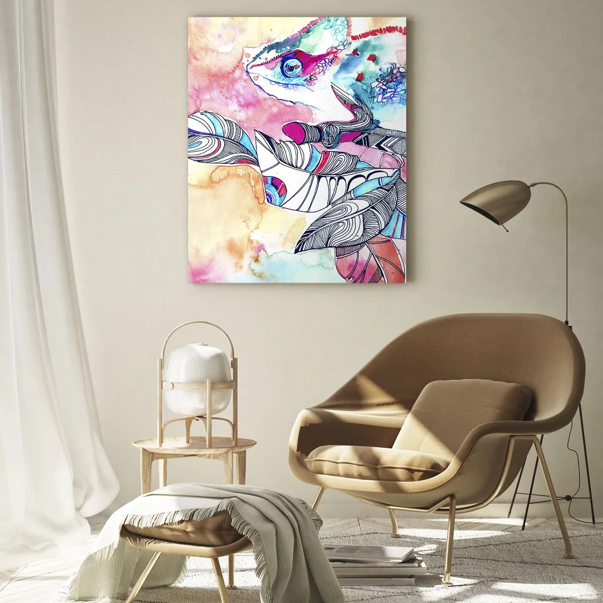 Impression sur verre - Image sur verre - Caméléon coloré parmi les feuilles dans un style aquarelle - 50x70cm - Aussi coloré que notre monde - Décoration murale moderne pour le salon et la chambre ARTTOR