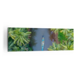 Impression sur toile - Image sur toile - Vue aérienne d'un bateau sur une rivière entourée de palmiers - 160x50cm - Sur un sentier tropical - Décoration murale moderne pour le salon et la chambre ARTTOR