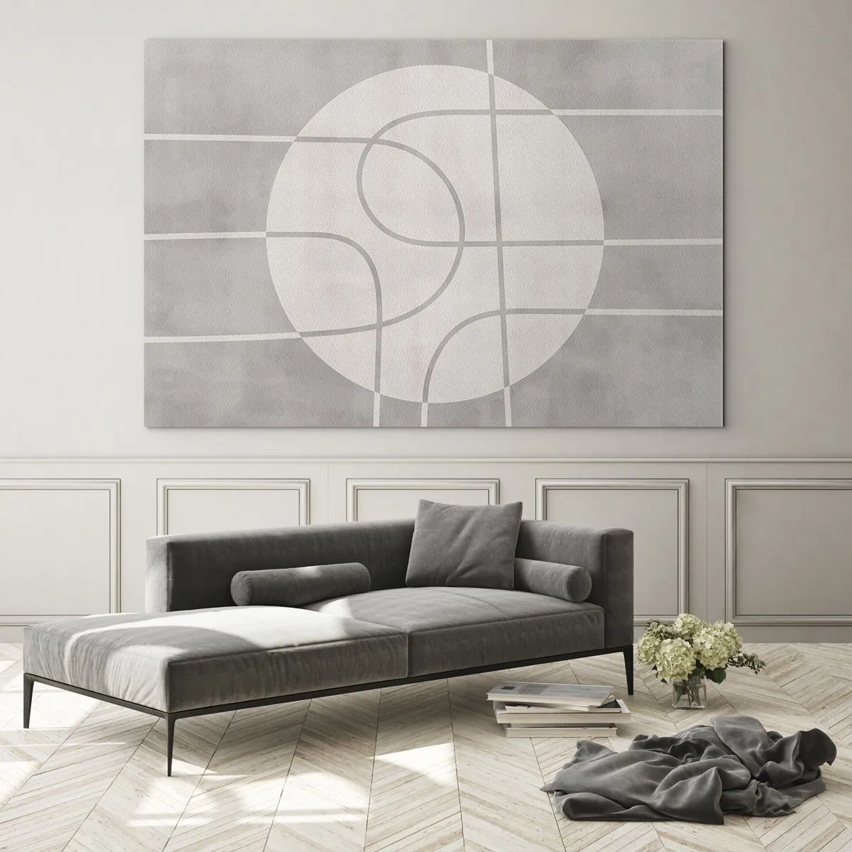 Impression sur verre - Image sur verre - Lignes et cercles beiges créant une composition géométrique - 70x50cm - Circulaire et tout droit - Décoration murale moderne pour le salon et la chambre ARTTOR