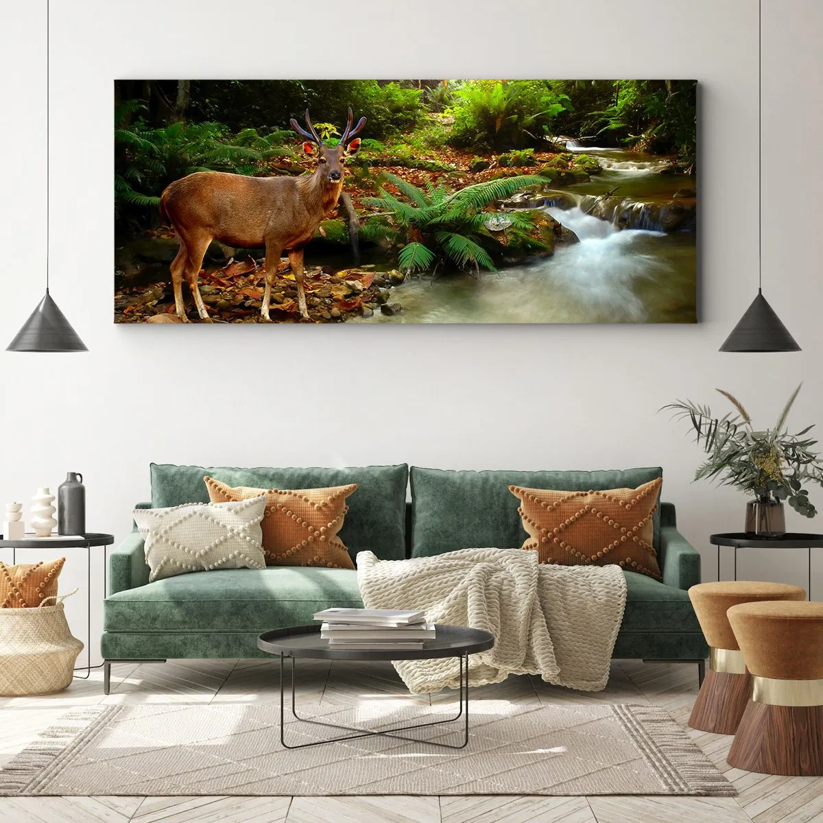 Impression sur toile - Image sur toile - Un cerf près d'un ruisseau entouré de verdure dans la forêt - 140x50cm - Bienvenue dans mon monde - Décoration murale moderne pour le salon et la chambre ARTTOR