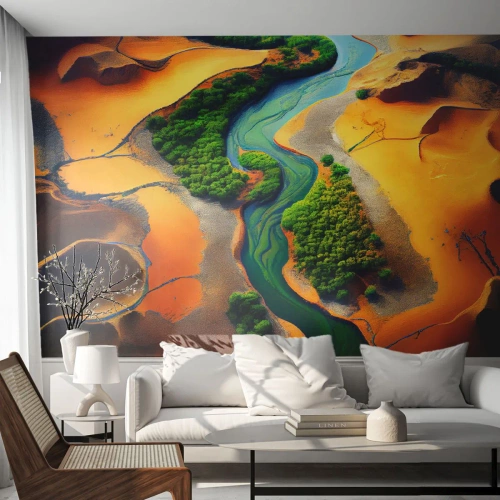 Papier Peint Photo Premium Sand - Une rivière verte serpentant à travers un désert orange - 100x70cm - Rivière vivifiante - Décoration murale moderne pour le salon et la chambre ARTTOR