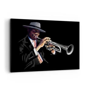 Impression sur toile - Image sur toile - Un musicien jouant de la trompette sur un fond noir - 120x80cm - Le charme de la vieille école - Décoration murale moderne pour le salon et la chambre ARTTOR