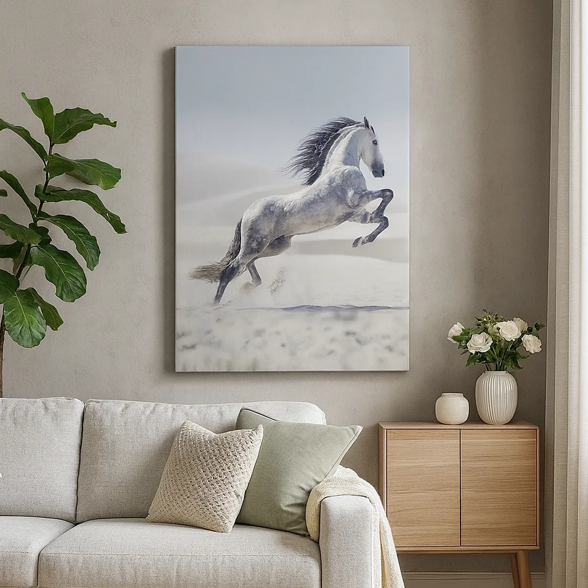 Impression sur toile - Image sur toile - Un cheval blanc galopant sur fond de dunes du désert - 50x70cm - Prince arabe - Décoration murale moderne pour le salon et la chambre ARTTOR