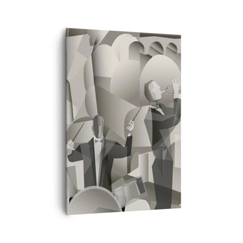 Impression sur toile - Image sur toile - Scène abstraite avec des musiciens de jazz dans des tons de gris. - 70x100cm - Dans l'espace des sons - Décoration murale moderne pour le salon et la chambre ARTTOR