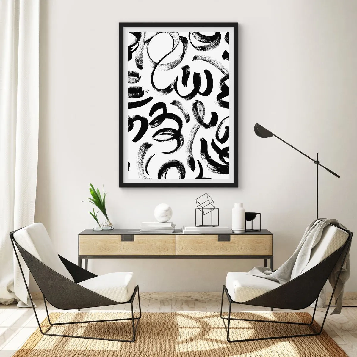 Affiche dans un cadre noir - Poster - Coups de pinceau noirs abstraits sur fond blanc - 50x70cm - Noir sur blanc - Décoration murale moderne pour le salon et la chambre ARTTOR