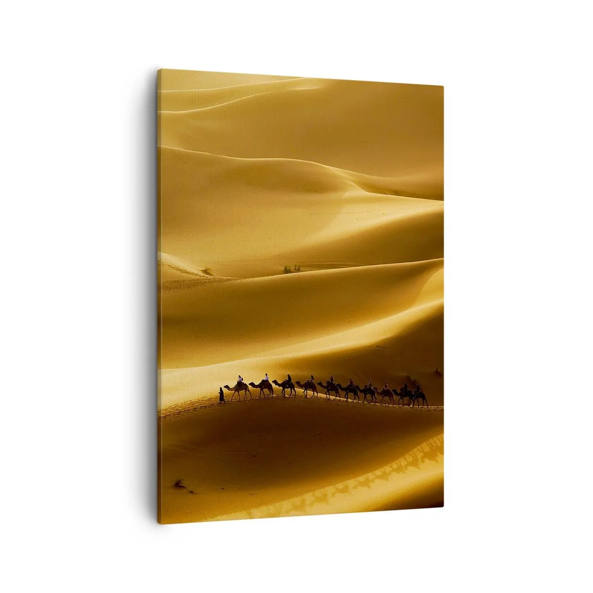 Impression sur toile - Image sur toile - Une caravane de chameaux errant à travers les dunes dorées du désert. - 50x70cm - Caravane sur les vagues du désert - Décoration murale moderne pour le salon et la chambre ARTTOR