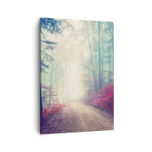 Impression sur toile - Image sur toile - Un sentier forestier magique entouré d'arbres et de brouillard - 50x70cm - Comme c'est bon de se lever à l'aube - Décoration murale moderne pour le salon et la chambre ARTTOR