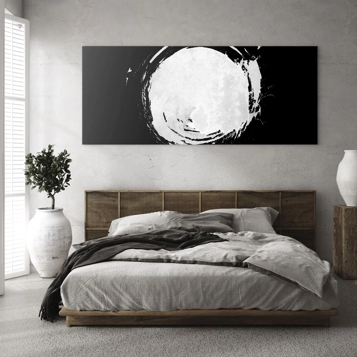 Impression sur verre - Image sur verre - Un cercle blanc sur fond noir dans un style minimaliste. - 140x50cm - Belle sortie - Décoration murale moderne pour le salon et la chambre ARTTOR