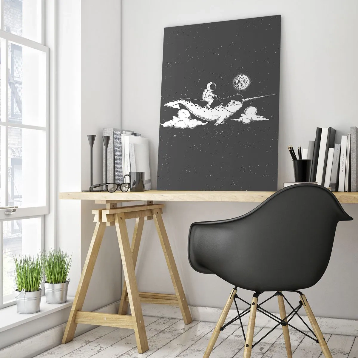 Impression sur verre - Image sur verre - Un astronaute sur le dos d'un narval flottant dans une scène spatiale. - 70x100cm - Cavalier de l'espace - Décoration murale moderne pour le salon et la chambre ARTTOR