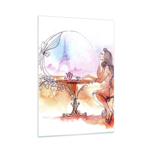 Impression sur verre - Image sur verre - Une femme à une table avec vue sur la Tour Eiffel dans des tons pastel - 50x70cm - Le chic parisien - Décoration murale moderne pour le salon et la chambre ARTTOR