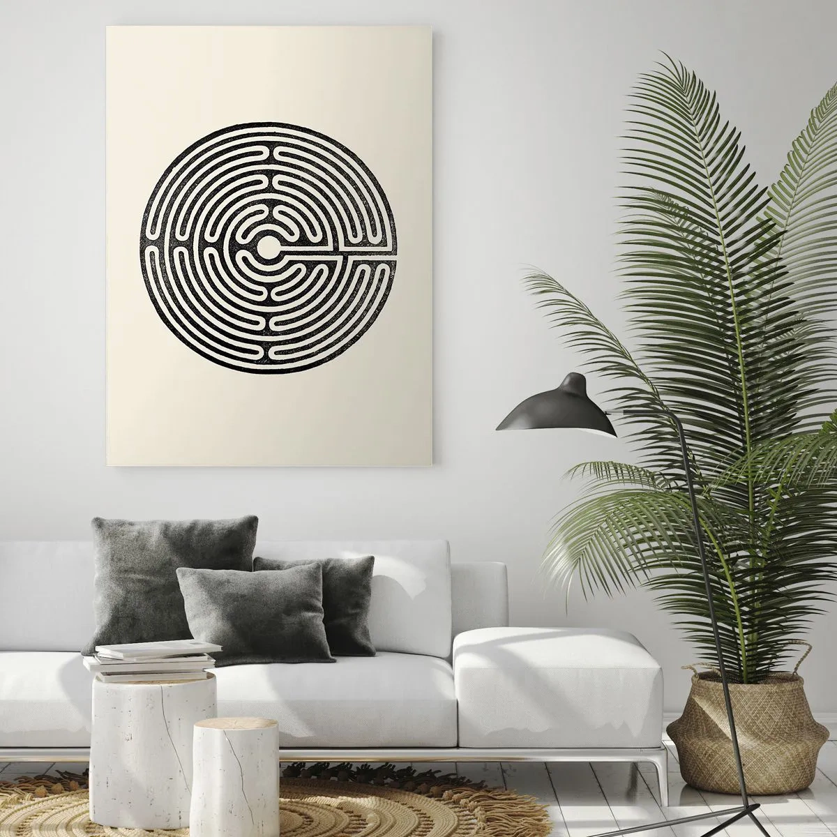 Impression sur verre - Image sur verre - Un labyrinthe noir et blanc de forme circulaire sur fond clair. - 50x70cm - Ordre mystérieux - Décoration murale moderne pour le salon et la chambre ARTTOR