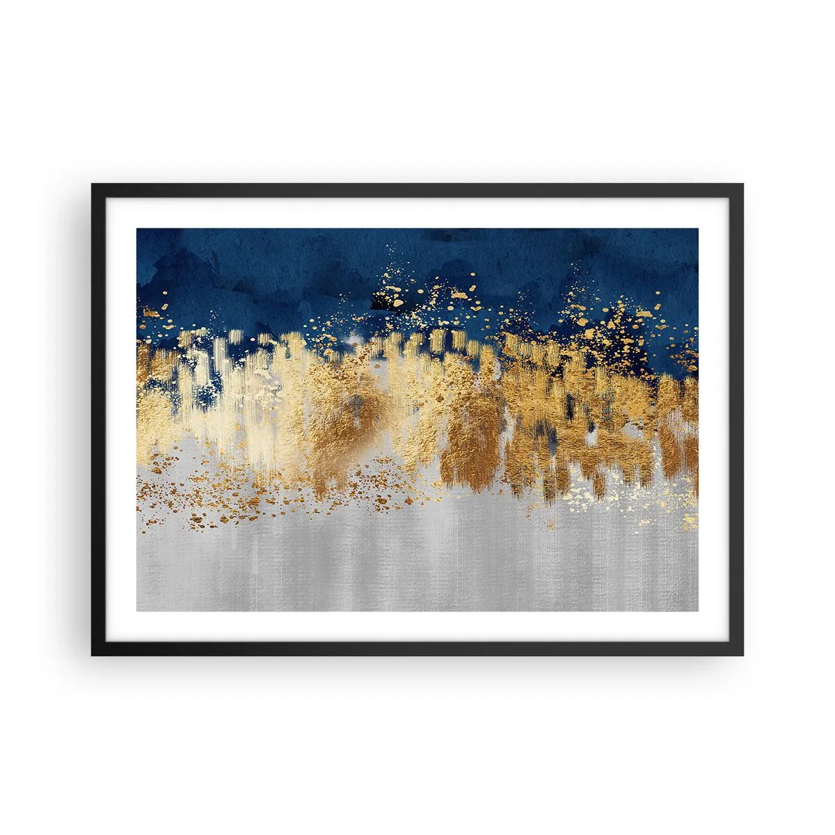 Affiche dans un cadre noir - Poster - Une composition abstraite dans des tons d'or et de bleu marine. - 70x50cm - Une composition moderne et pétillante - Décoration murale moderne pour le salon et la chambre ARTTOR