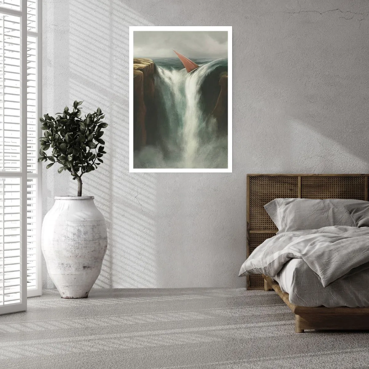 Affiche - Poster - Un voilier tombe d'une cascade dans un paysage surréaliste. - 50x70cm - Un avertissement de la vie - Décoration murale moderne pour le salon et la chambre ARTTOR