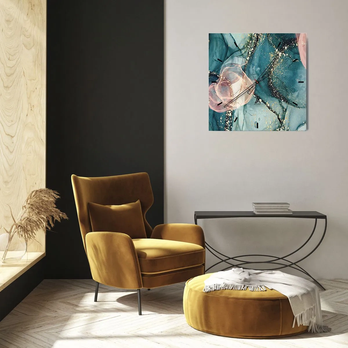 Horloge murale - Pendule murale - Soie bleu, tulle rose - 30x30 cm