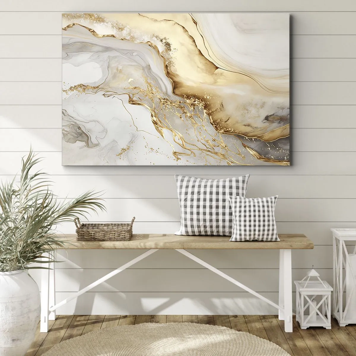 Impression sur toile - Image sur toile - Motifs abstraits dorés et marbrés sur fond clair - 70x50cm - Abstraction : beauté et bonté - Décoration murale moderne pour le salon et la chambre ARTTOR