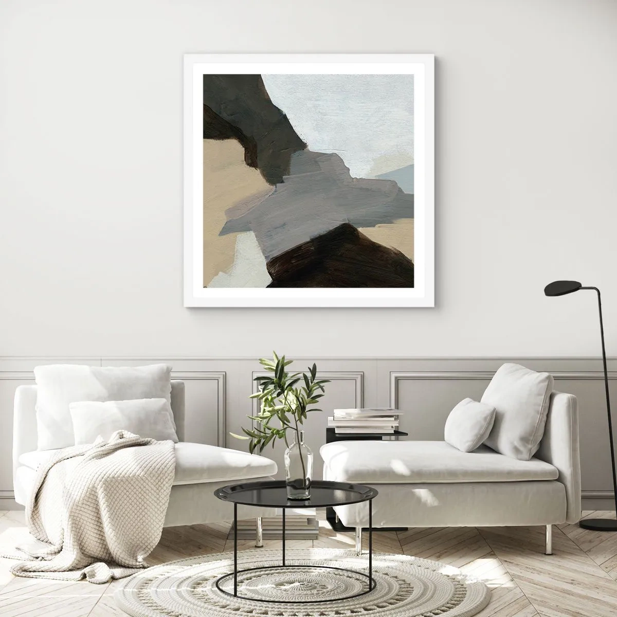 Affiche dans un cadre blanc - Poster - Abstraction : le carrefour du gris - 50x50 cm