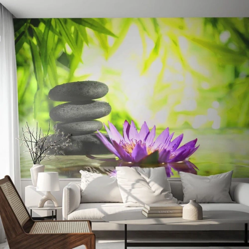 Papier Peint Photo Premium Canvas - Dans un buisson de bambou - Fleur, fleur de lotus, Bambou - 400x280 cm