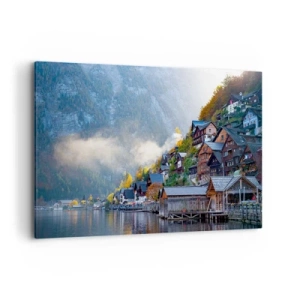 Impression sur toile - Image sur toile - Un village de montagne au bord d'un lac dans un paysage d'automne - 120x80cm - Ambiance alpine - Décoration murale moderne pour le salon et la chambre ARTTOR