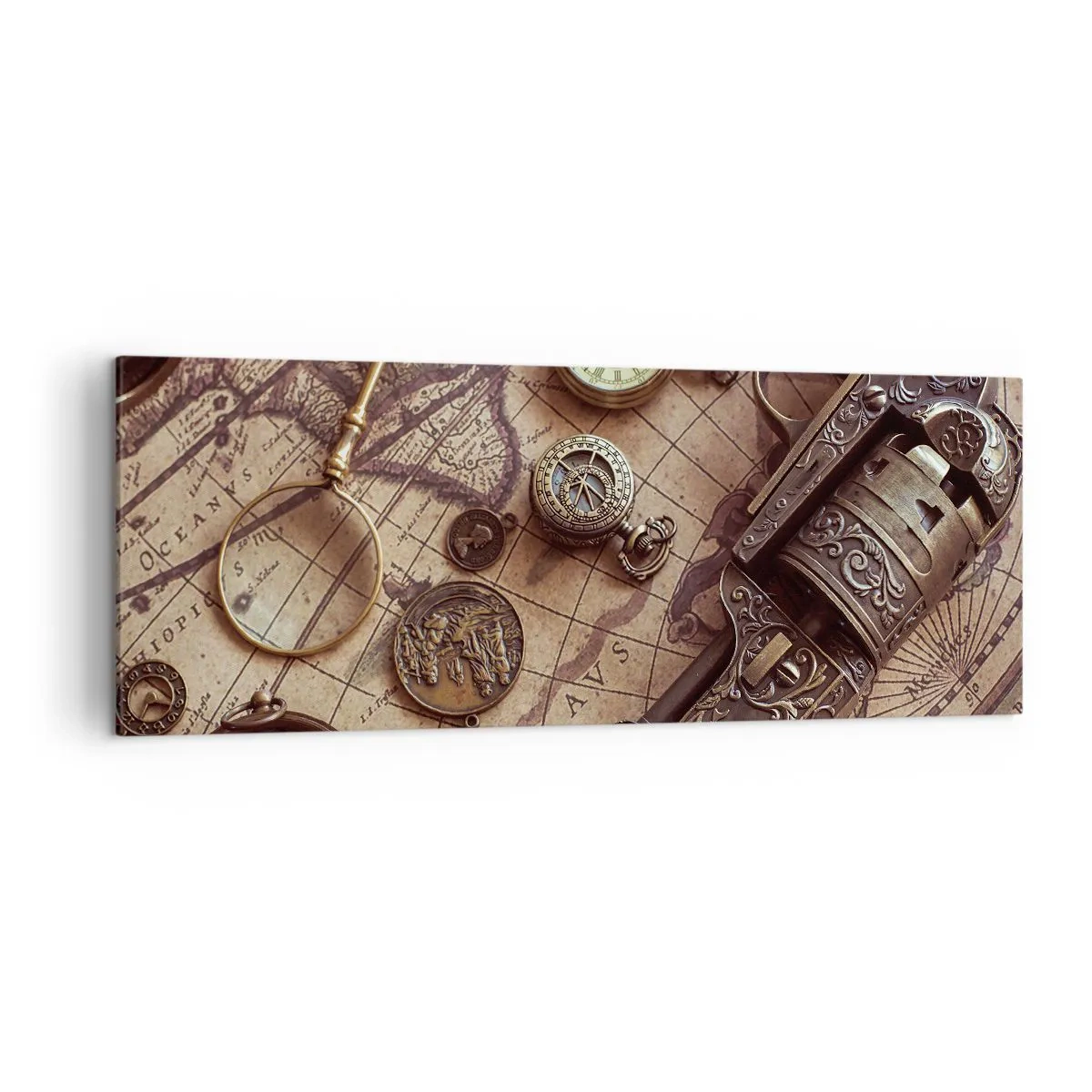 Impression sur toile - Image sur toile - Objets anciens sur une vieille carte dans un style rétro - 140x50cm - L'aventure appelle - Décoration murale moderne pour le salon et la chambre ARTTOR