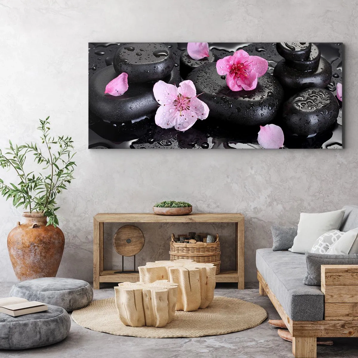 Impression sur toile - Image sur toile - Pierres noires et fleurs roses style spa - 160x50cm - Et le cœur s'allège soudainement - Décoration murale moderne pour le salon et la chambre ARTTOR