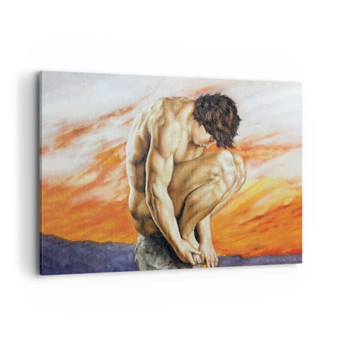 Impression sur toile - Image sur toile - Un homme perdu dans ses pensées sur fond de coucher de soleil - 120x80cm - Plongé dans ses pensées - Décoration murale moderne pour le salon et la chambre ARTTOR