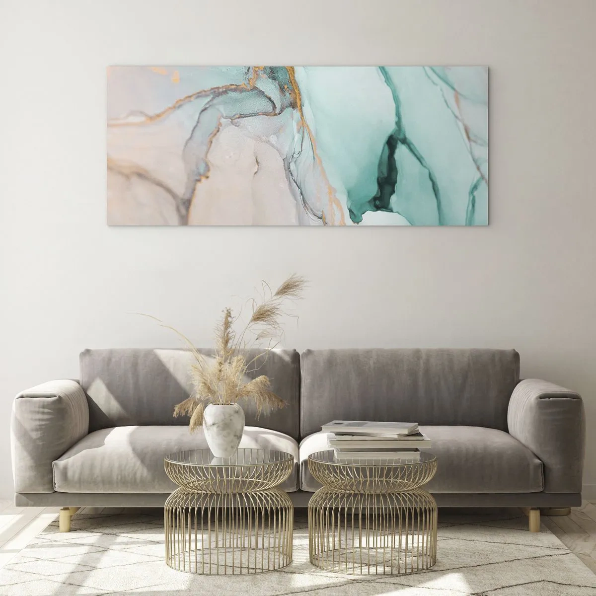 Impression sur verre - Image sur verre - Une composition abstraite dans des tons turquoise et or. - 120x50cm - Danse des formes et des couleurs - Décoration murale moderne pour le salon et la chambre ARTTOR