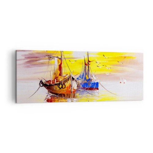 Impression sur toile - Image sur toile - Une scène picturale de bateaux sur une mer calme - 140x50cm - Un repos bien mérité au port - Décoration murale moderne pour le salon et la chambre ARTTOR
