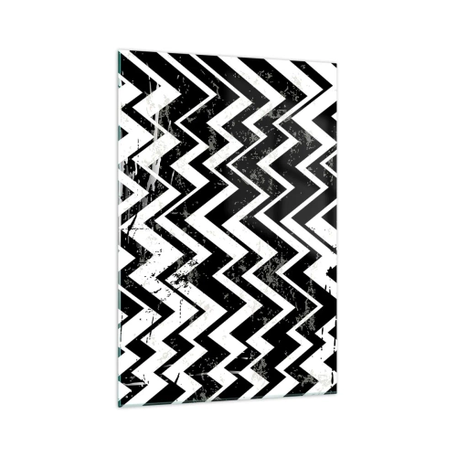 Impression sur verre - Image sur verre - Motif en zigzag noir et blanc avec abrasions artistiques - 70x100cm - Zig-blanc, zag-noir - Décoration murale moderne pour le salon et la chambre ARTTOR