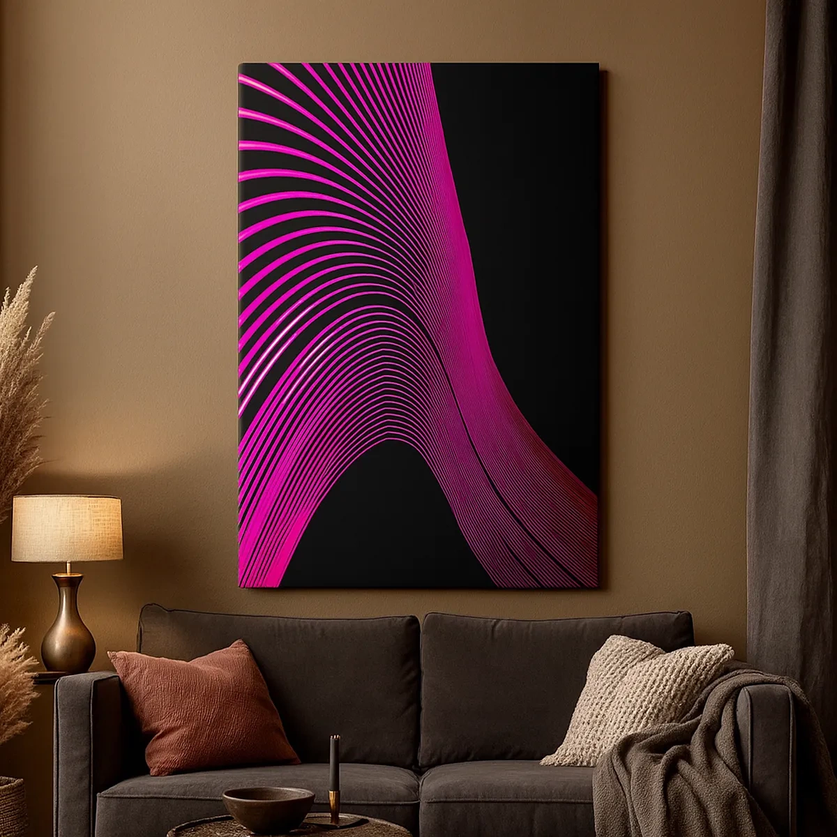 Impression sur toile - Image sur toile - Lignes futuristes dans des tons de rose sur fond noir - 50x70cm - Avenue de lumière - Décoration murale moderne pour le salon et la chambre ARTTOR