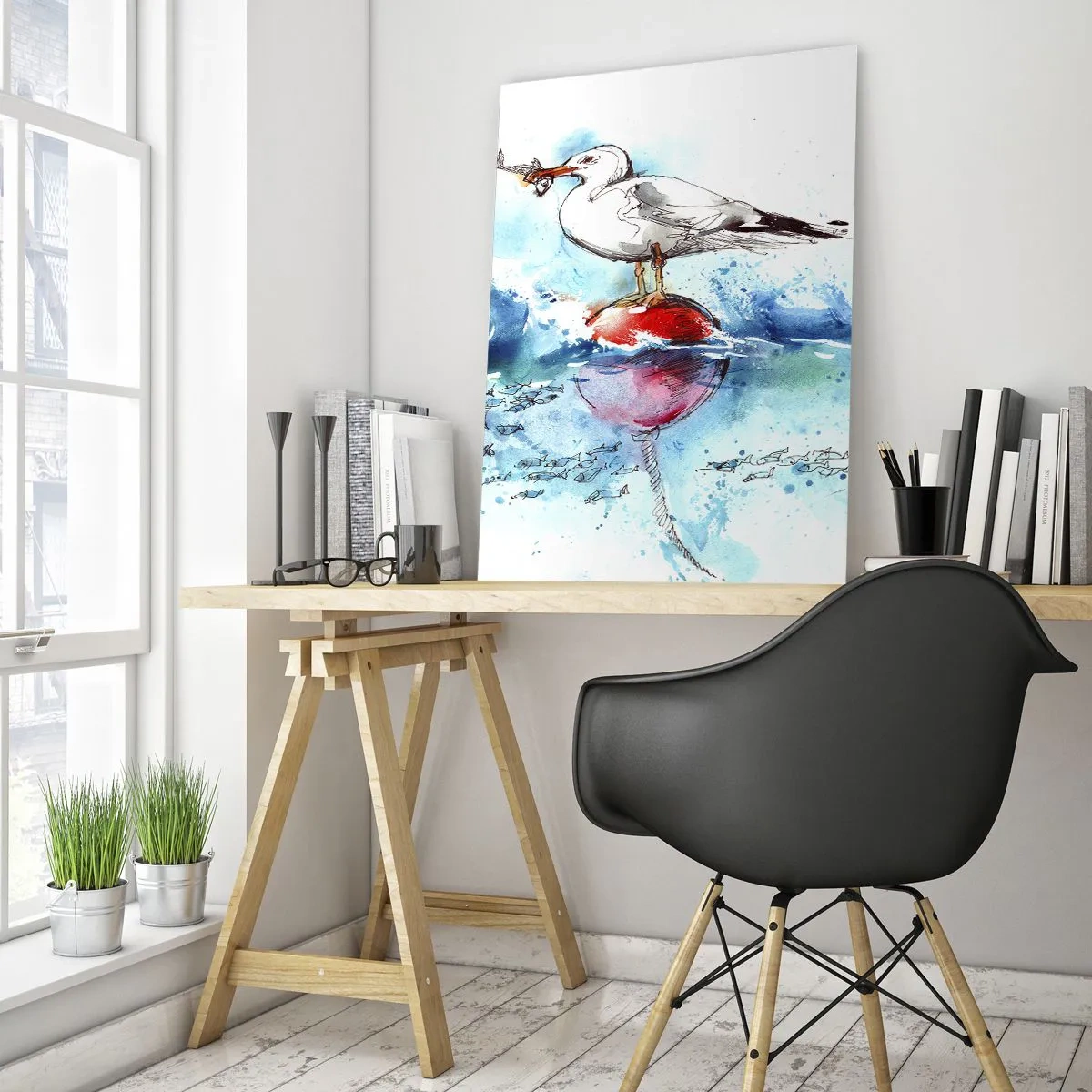 Impression sur verre - Image sur verre - Mouette sur une bouée avec des poissons en arrière-plan dans un style aquarelle - 80x120cm - Prise réussie - Décoration murale moderne pour le salon et la chambre ARTTOR