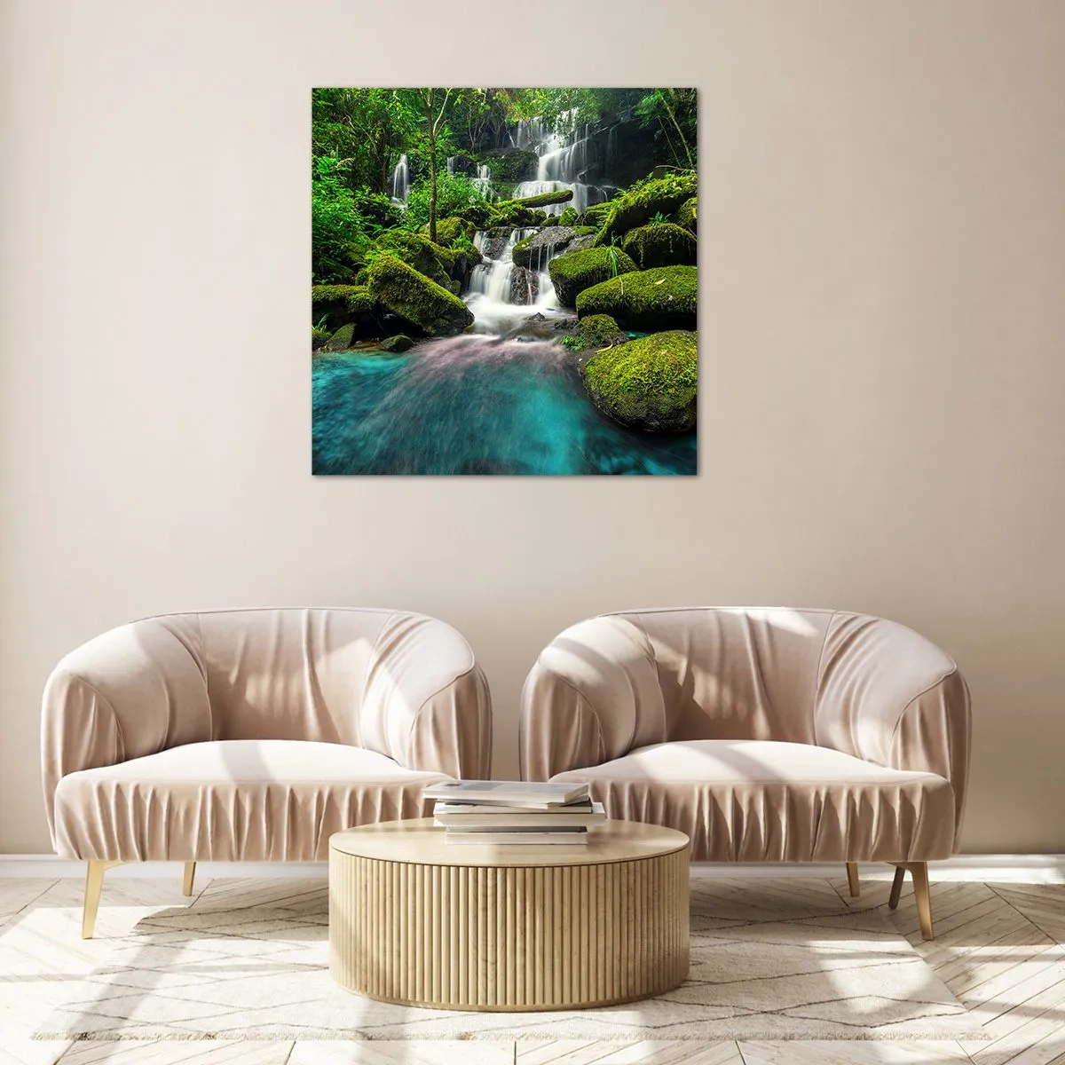 Impression sur verre - Image sur verre - Turquoise, saphirs et argent liquide - 70x70 cm