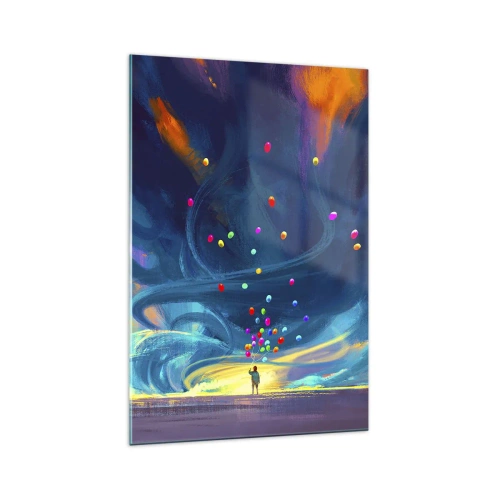 Impression sur verre - Image sur verre - Une silhouette avec des ballons sur un fond de nuages tourbillonnants et colorés - 70x100cm - Au vent bleu ciel - Décoration murale moderne pour le salon et la chambre ARTTOR