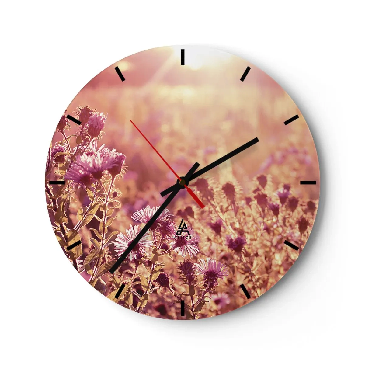 Horloge murale - Pendule murale - Fleurs violettes dans un champ au coucher du soleil dans une lumière chaude - 30x30cm - Avant que l'été ne parte - Décoration murale moderne pour le salon, la cuisine et la chambre ARTTOR