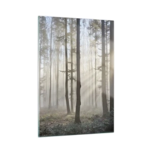 Impression sur verre - Image sur verre - Les rayons du soleil du matin pénètrent la forêt brumeuse - 50x70cm - Le brouillard s'est aussi réveillé - Décoration murale moderne pour le salon et la chambre ARTTOR