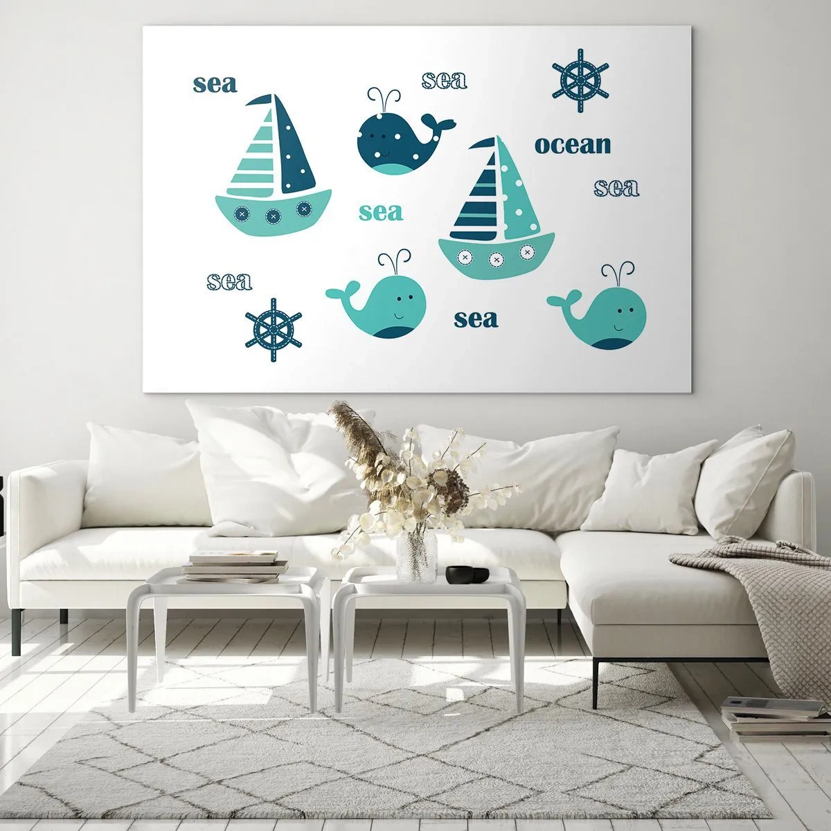 Impression sur verre - Image sur verre - Thème nautique avec voiliers et baleines - 100x70cm - À travers les mers et les océans - Décoration murale moderne pour le salon et la chambre ARTTOR