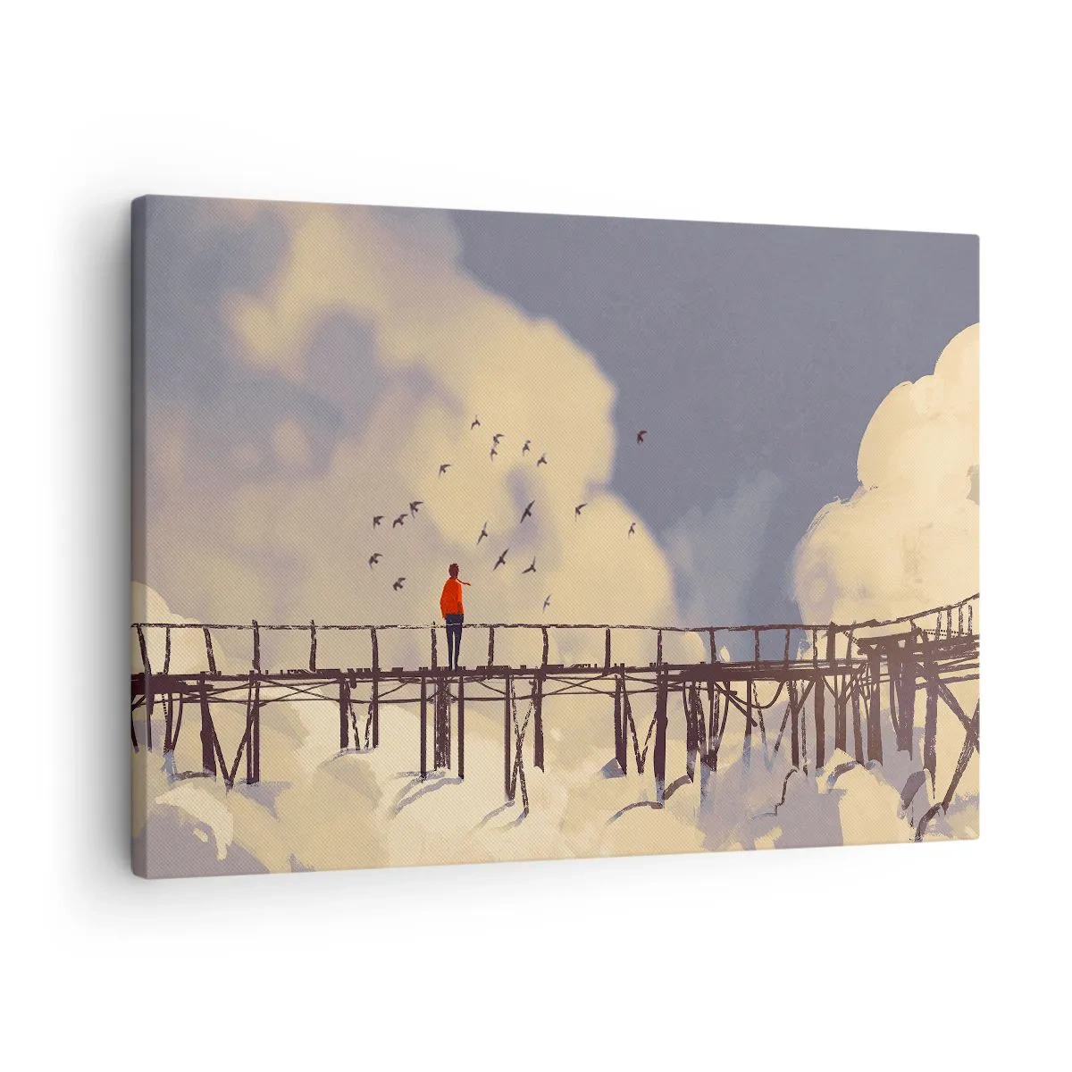 Impression sur toile - Image sur toile - Une silhouette sur un pont parmi les nuages avec des oiseaux dans le ciel - 70x50cm - Bleu nostalgie - Décoration murale moderne pour le salon et la chambre ARTTOR