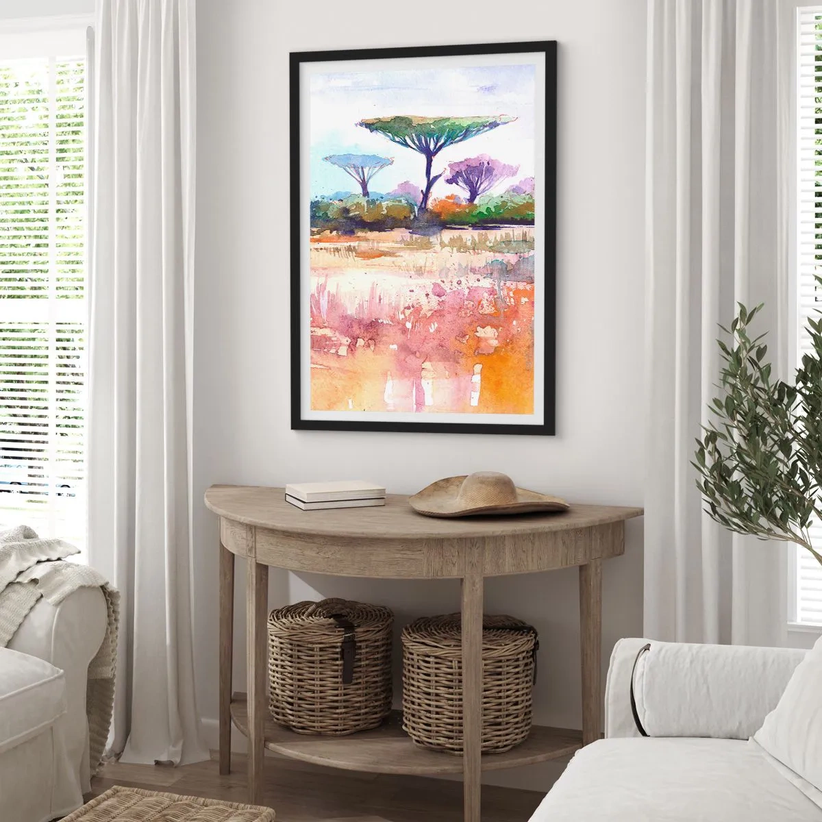 Affiche dans un cadre noir - Poster - Une aquarelle représentant un paysage de savane avec des acacias. - 50x70cm - Couleurs de savane - Décoration murale moderne pour le salon et la chambre ARTTOR