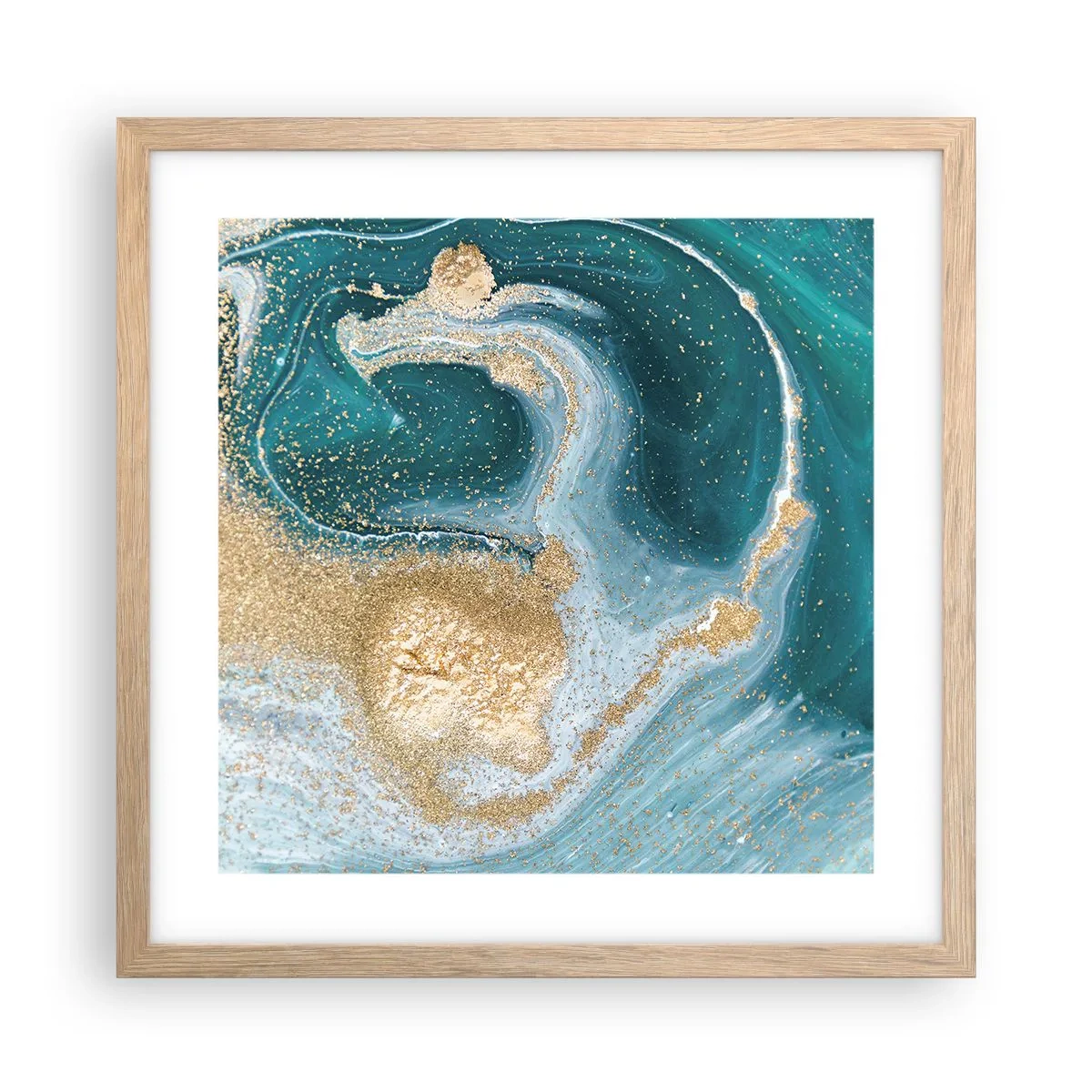 Affiche dans un chêne clair - Poster - Tourbillon d'or et de turquoise - 40x40 cm