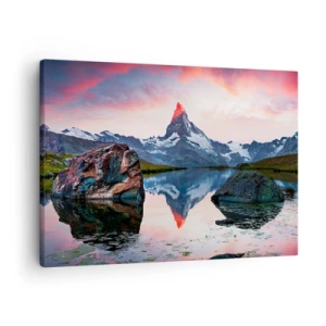 Impression sur toile - Image sur toile - Un sommet de montagne se reflétant dans un lac au coucher du soleil - 70x50cm - Le coeur des montagnes est chaud - Décoration murale moderne pour le salon et la chambre ARTTOR