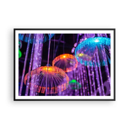 Affiche dans un cadre noir - Poster - Méduses lumineuses colorées dans un environnement sombre - 100x70cm - Fontaine lumineuse - Décoration murale moderne pour le salon et la chambre ARTTOR