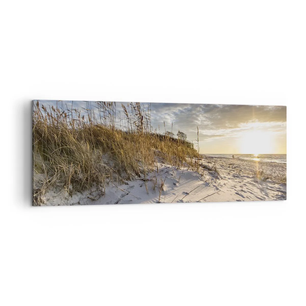Impression sur toile - Image sur toile - Dunes avec de l'herbe et des empreintes de pas dans le sable au coucher du soleil - 140x50cm - Invitation à la ballade - Décoration murale moderne pour le salon et la chambre ARTTOR