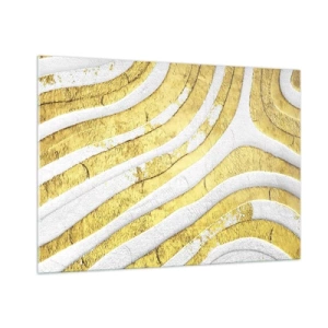 Impression sur verre - Image sur verre - Vagues abstraites dorées et blanches avec un effet texturé - 100x70cm - Composition en blanc et or - Décoration murale moderne pour le salon et la chambre ARTTOR