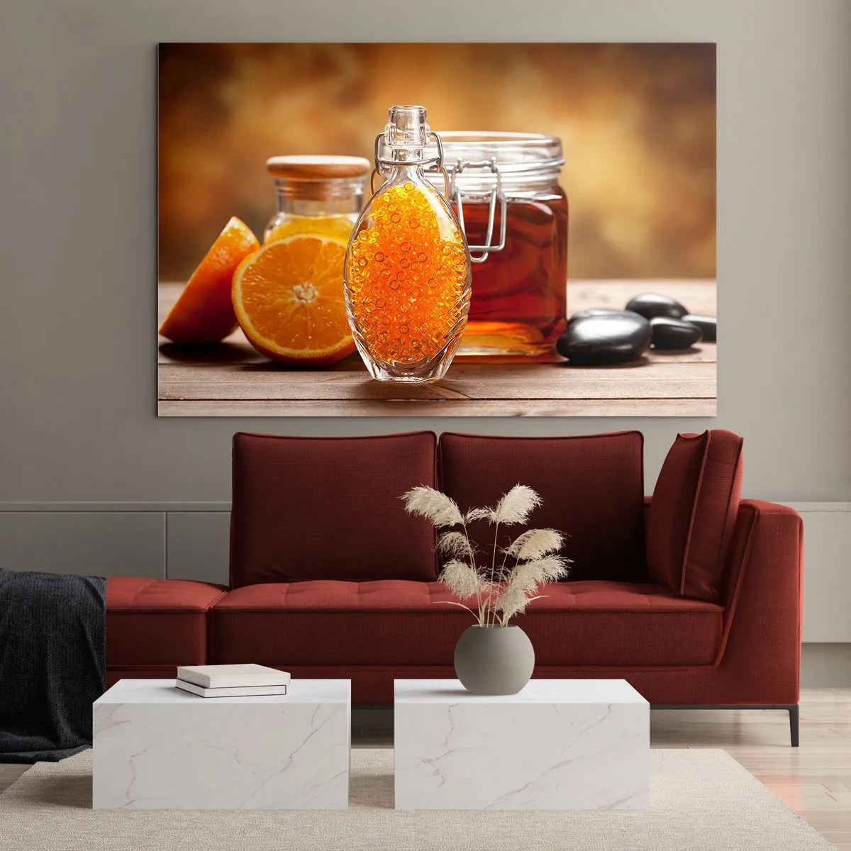Impression sur verre - Image sur verre - Une bouteille d'huile et une orange sur une table en bois - 70x50cm - Saveurs et arômes ensoleillés - Décoration murale moderne pour le salon et la chambre ARTTOR